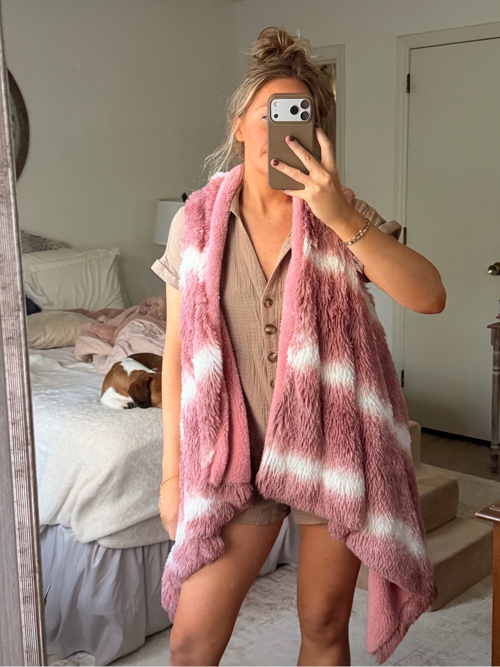 Plush Pink & White Faux Teddy Wrap Vest